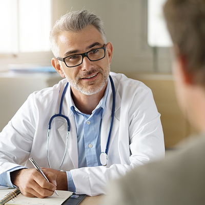 Ein Arzt hört seinem Patienten aufmerksam zu und macht sich währenddessen Notizen