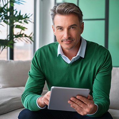 Ein Mann schaut nach vorn und hält ein Tablet in der Hand.